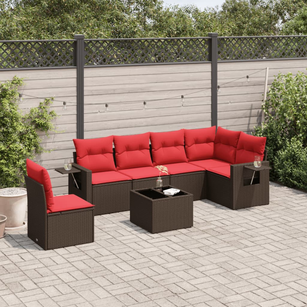 7 Piece Patio Sofa Set with Cushions Brown Poly Rattan