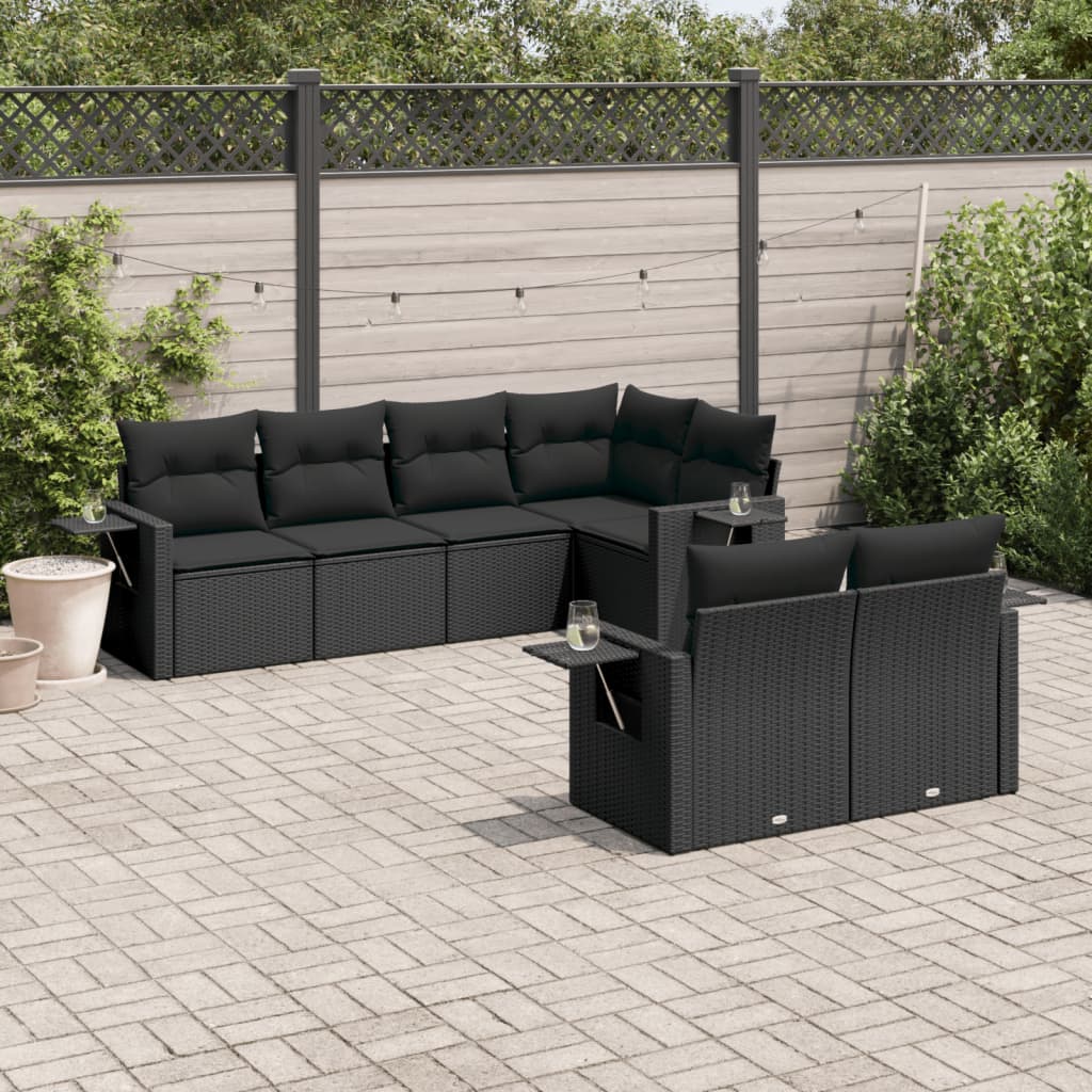 vidaXL 7-tlg. Garten-Sofagarnitur mit Kissen Schwarz Poly Rattan