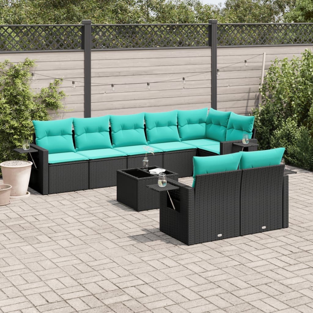 vidaXL 9-teiliges Gartensofa-Set mit Kissen, schwarzes Polyrattan