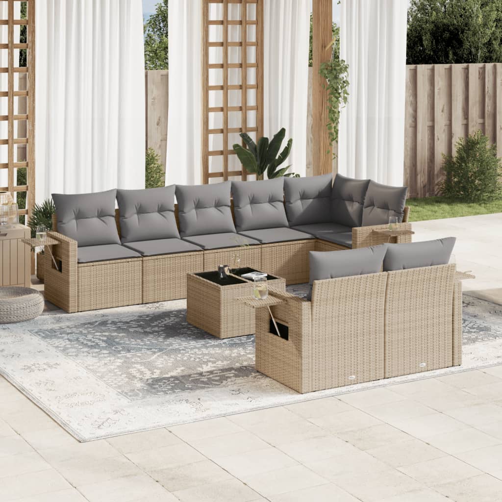 vidaXL 9-tlg. Garten-Sofagarnitur mit Kissen Beige Poly Rattan