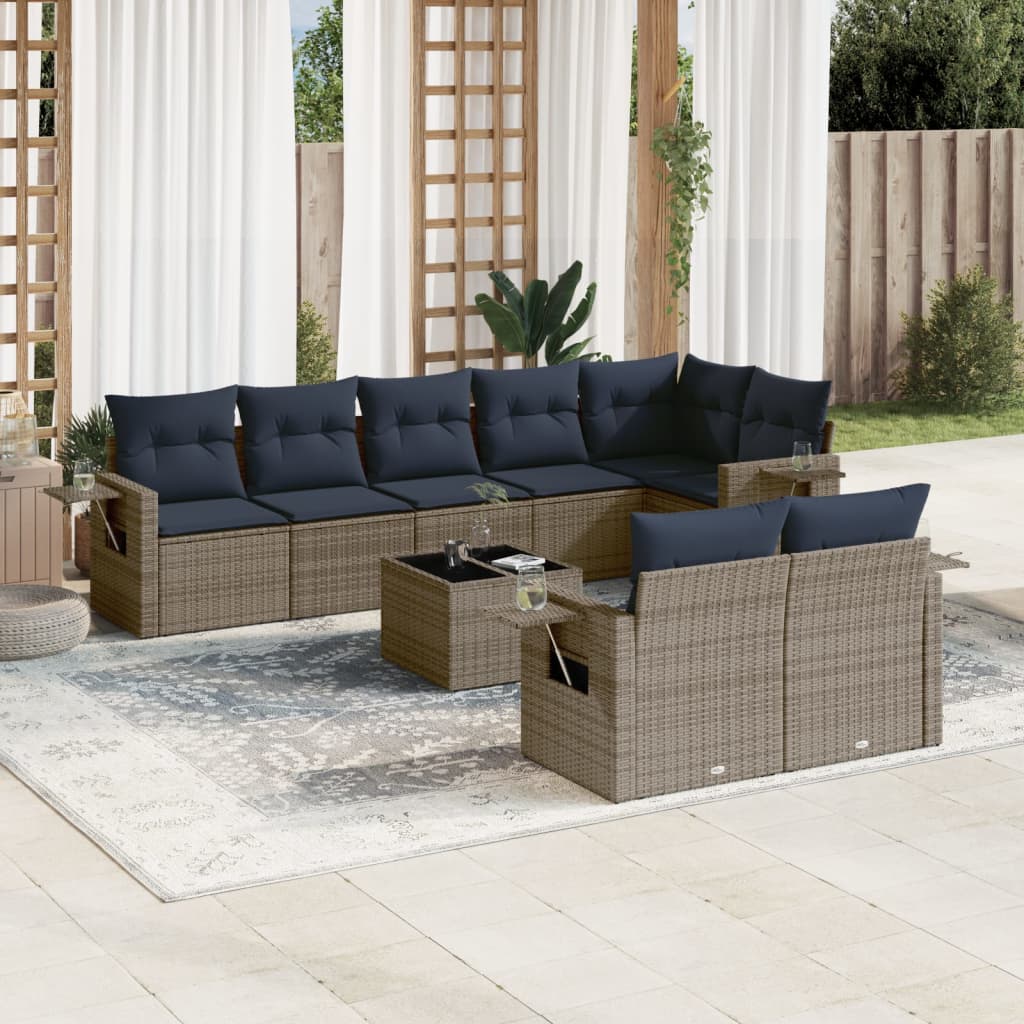 9-teiliges Gartensofa-Set mit Kissen, grau, Polyrattan