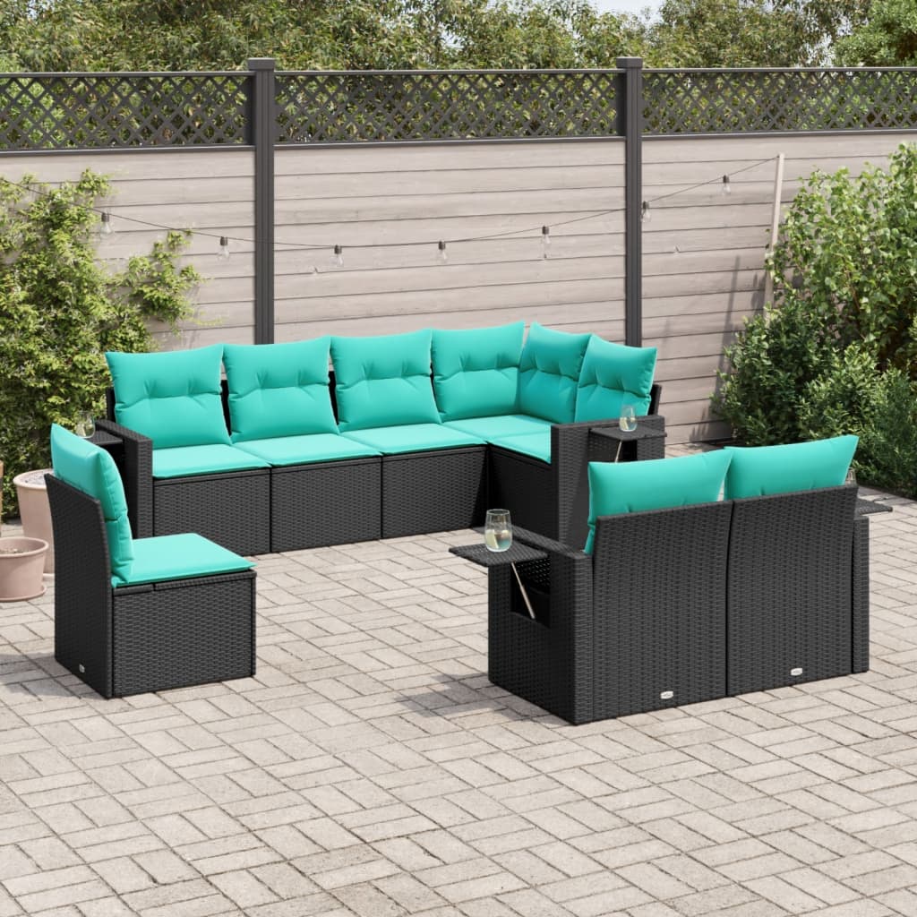 Havesofasæt i polyrattan med hynder - sort/blå, 8 dele