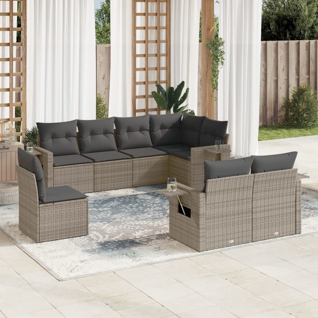 8-tlg. Garten-Sofagarnitur mit Kissen Grau Poly Rattan