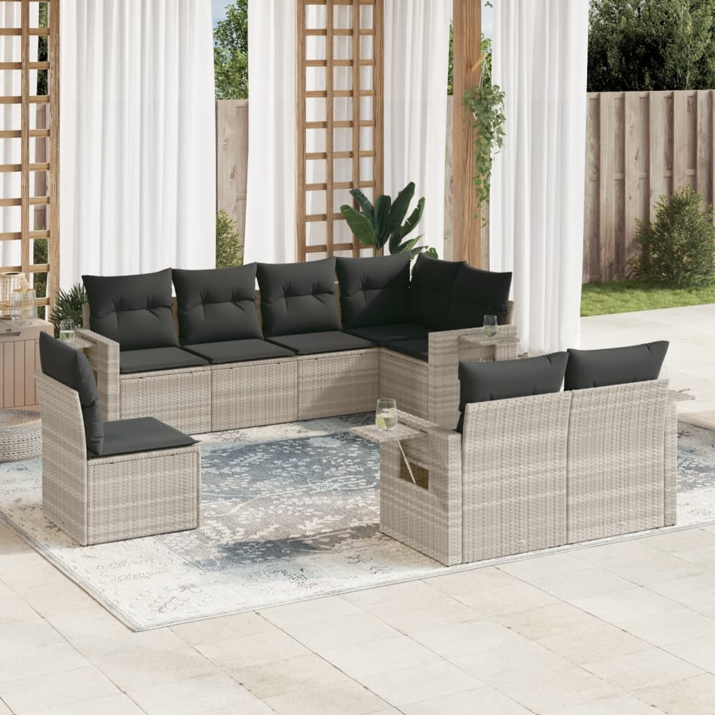 vidaXL 8-tlg. Garten-Sofagarnitur mit Kissen Hellgrau Poly Rattan