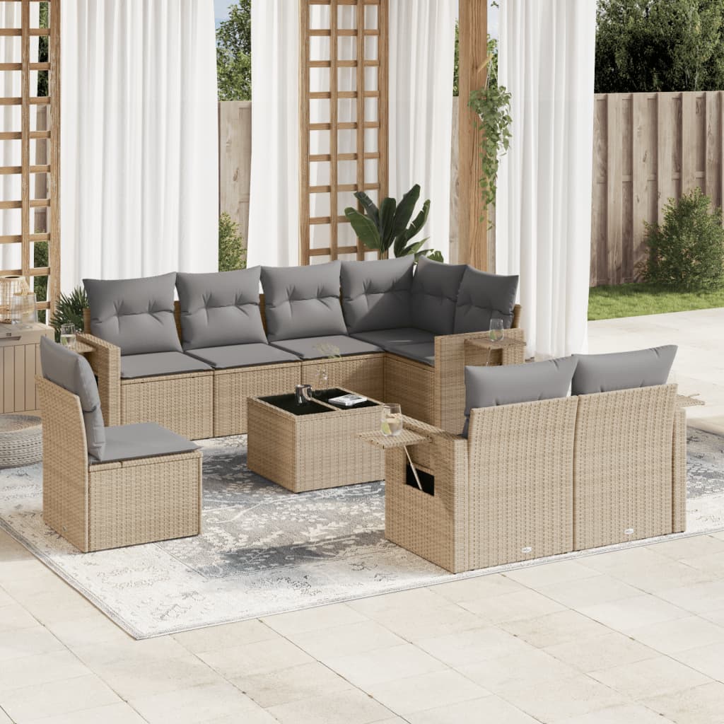 vidaXL 9-tlg. Garten-Sofagarnitur mit Kissen Beige Poly Rattan