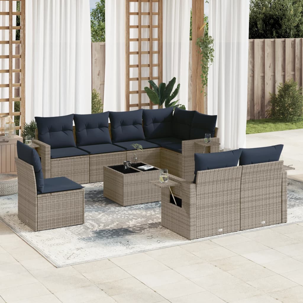 vidaXL 9-teiliges Gartensofa-Set mit Kissen, grau, Polyrattan