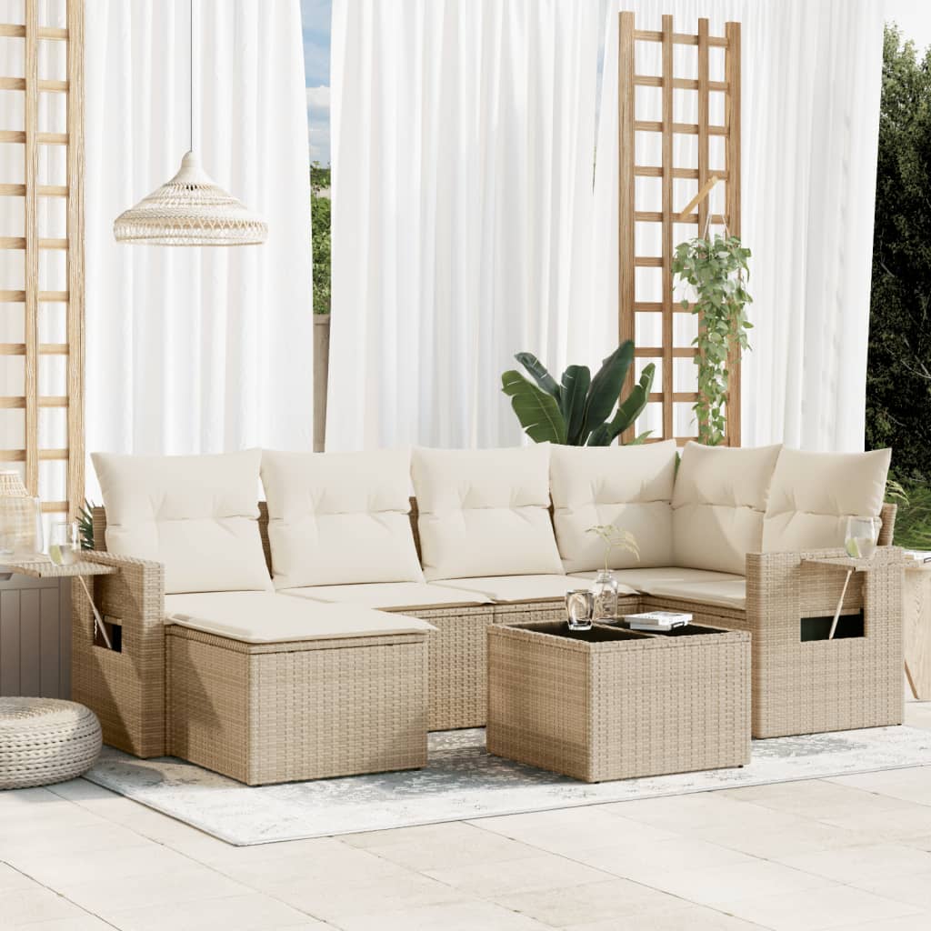 vidaXL 7-tlg. Garten-Sofagarnitur mit Kissen Beige Poly Rattan