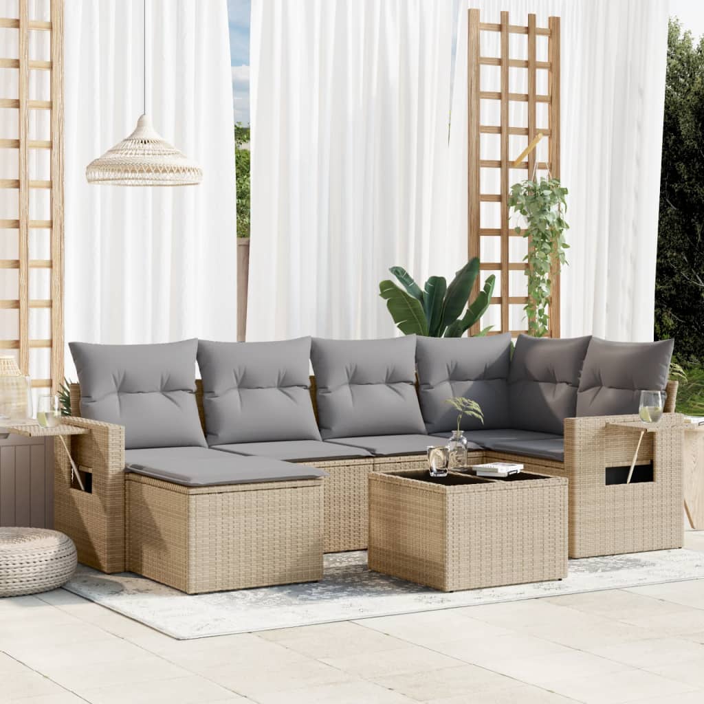 vidaXL 7-tlg. Garten-Sofagarnitur mit Kissen Beige Poly Rattan