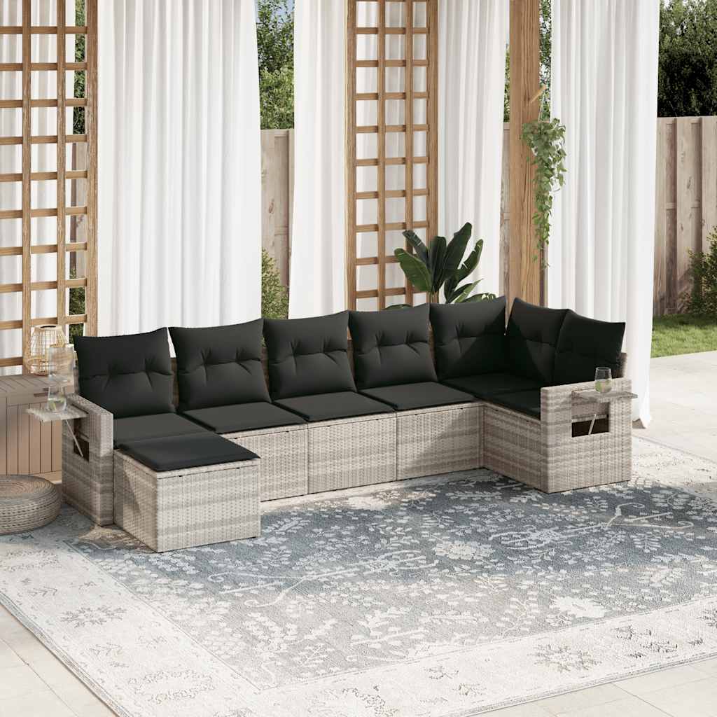 vidaXL 7-tlg. Garten-Sofagarnitur mit Kissen Hellgrau Poly Rattan