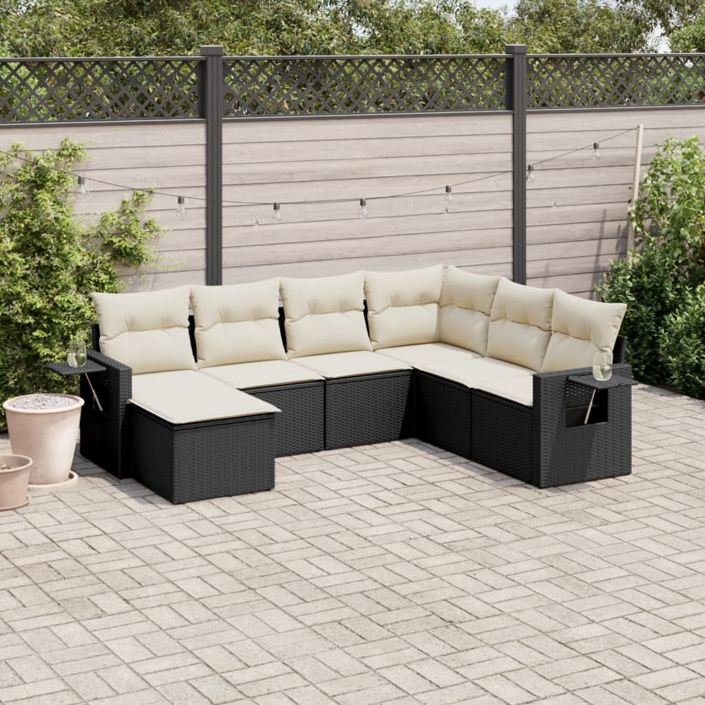 vidaXL 7-tlg. Garten-Sofagarnitur mit Kissen Schwarz Poly Rattan