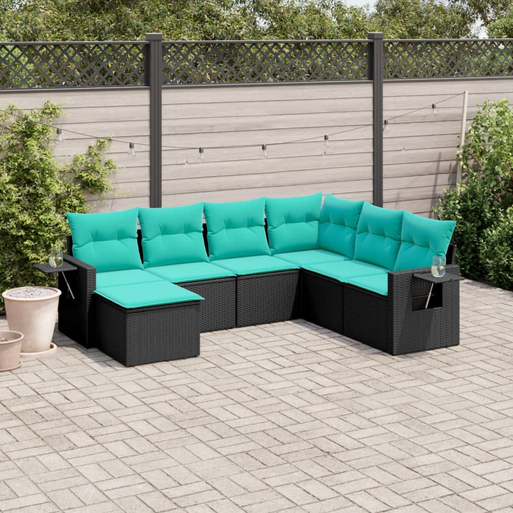 Havesofasæt i sort polyrattan med 7 blå hynder - modulært hjørnesæt