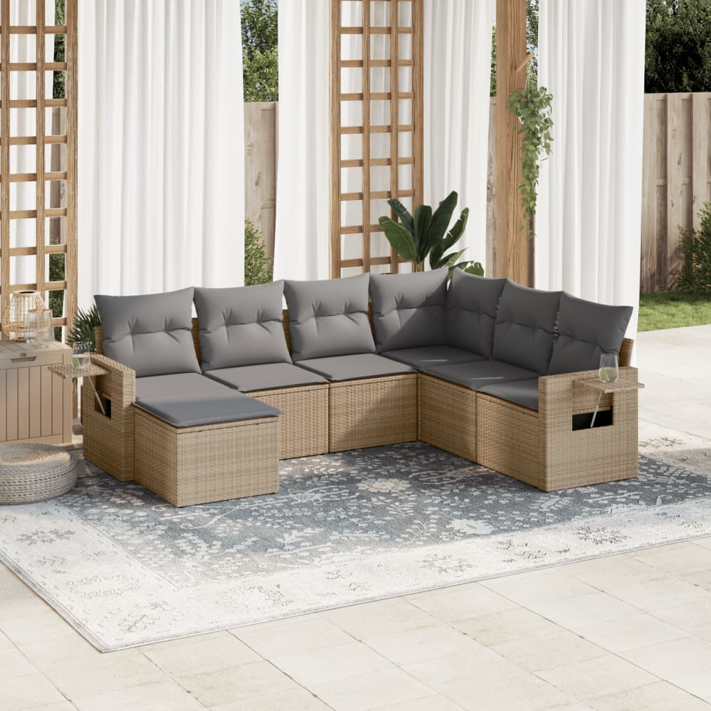 7-tlg. Garten-Sofagarnitur mit Kissen Beige Poly Rattan