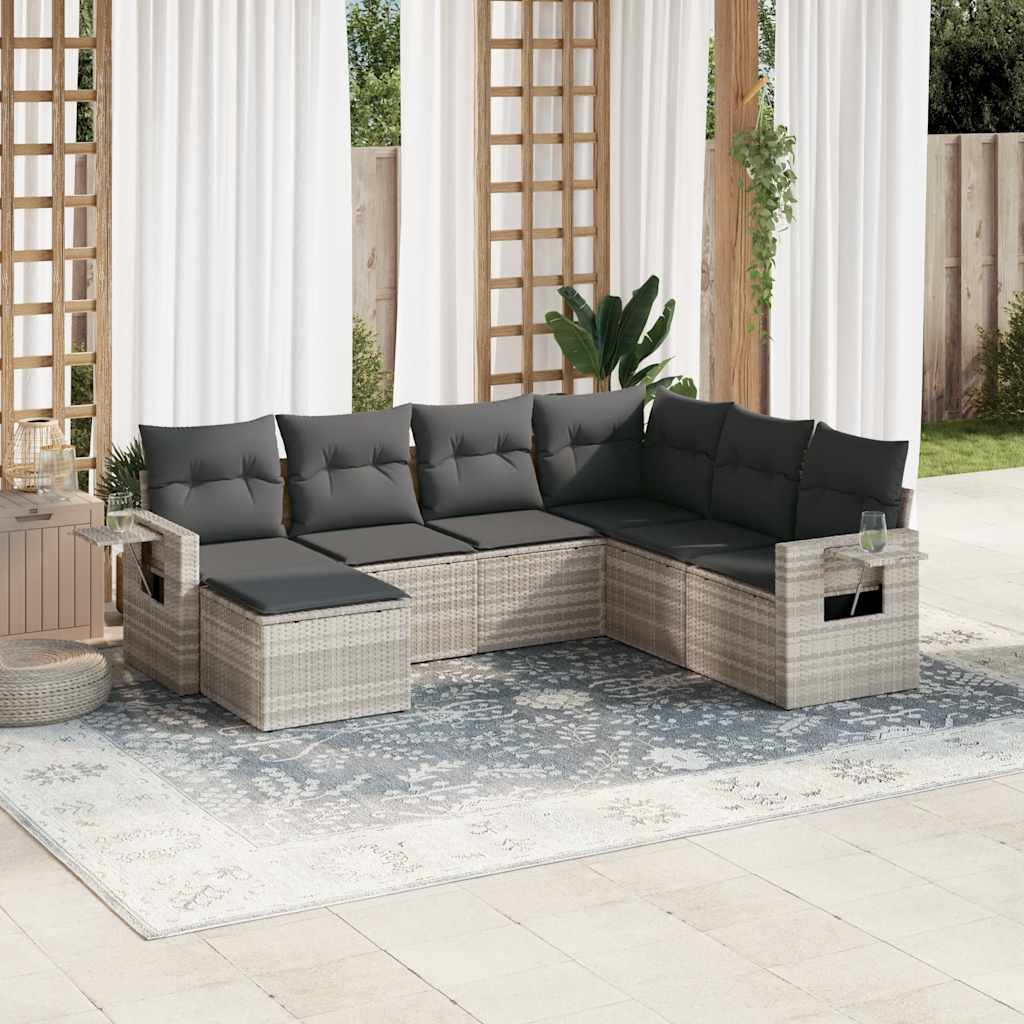 vidaXL 7-tlg. Garten-Sofagarnitur mit Kissen Hellgrau Poly Rattan