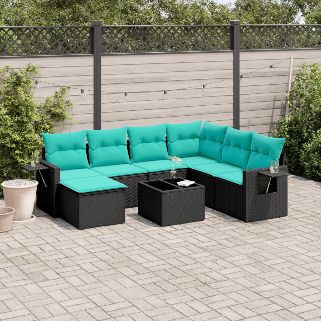 8-teiliges Gartensofa-Set mit Kissen, schwarzes Polyrattan
