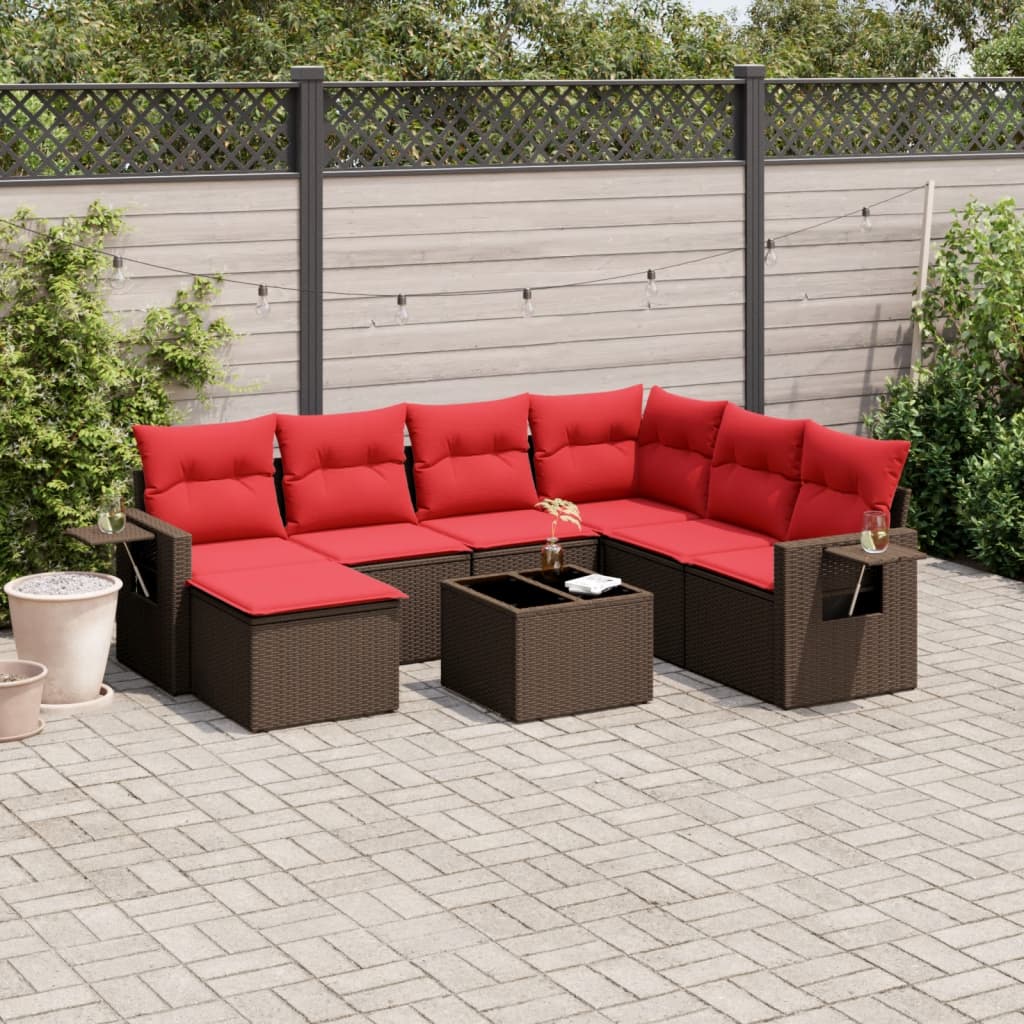 Havesofasæt i polyrattan med hynder - brun/rød, 8 dele