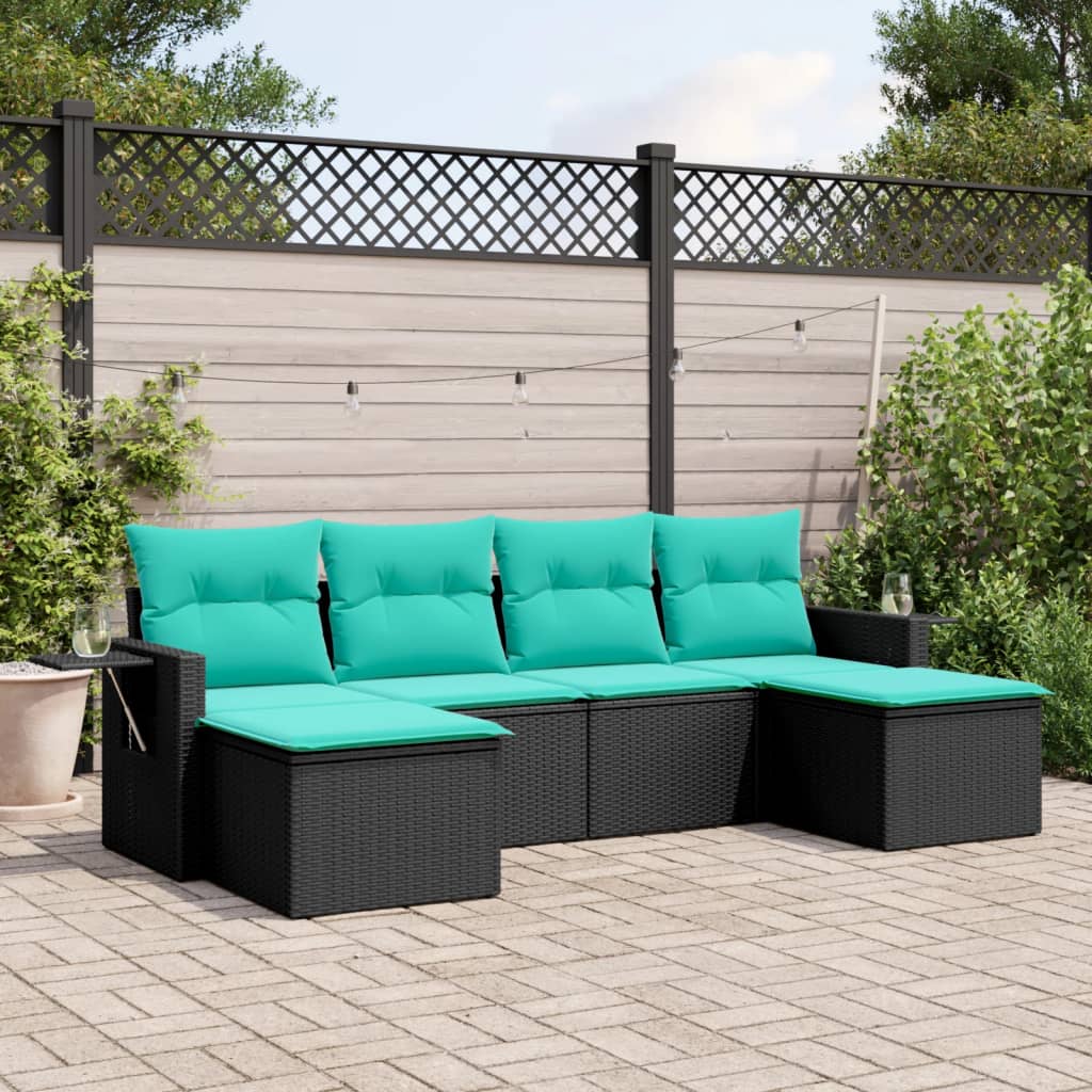 vidaXL 6-teiliges Gartensofa-Set mit Kissen, schwarzes Polyrattan