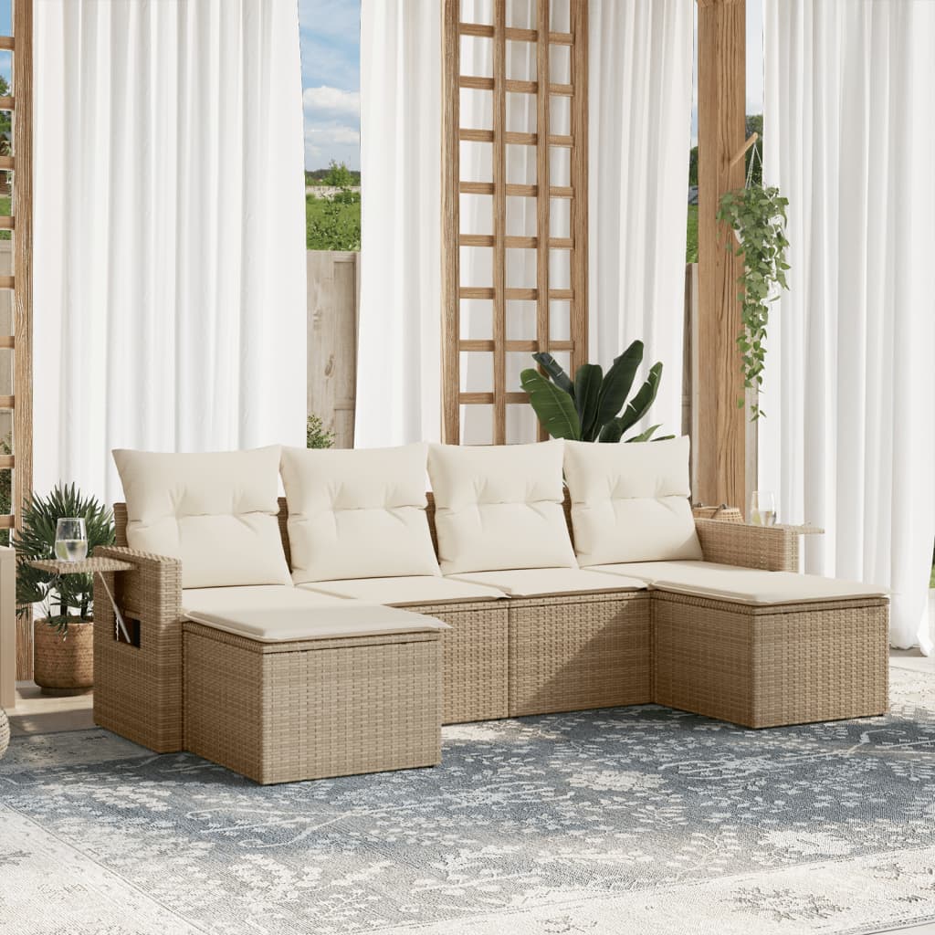 vidaXL 6-tlg. Garten-Sofagarnitur mit Kissen Beige Poly Rattan