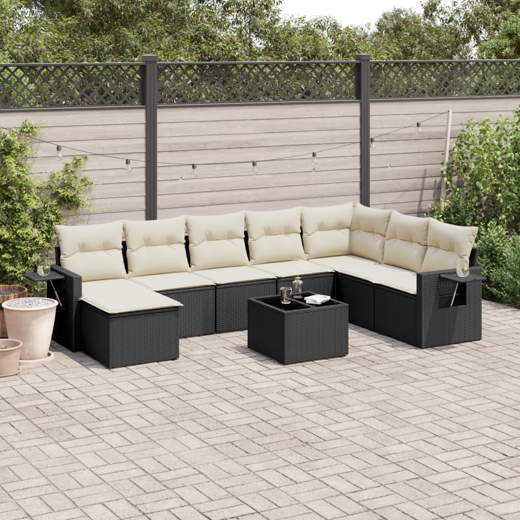 vidaXL 9-tlg. Garten-Sofagarnitur mit Kissen Schwarz Poly Rattan