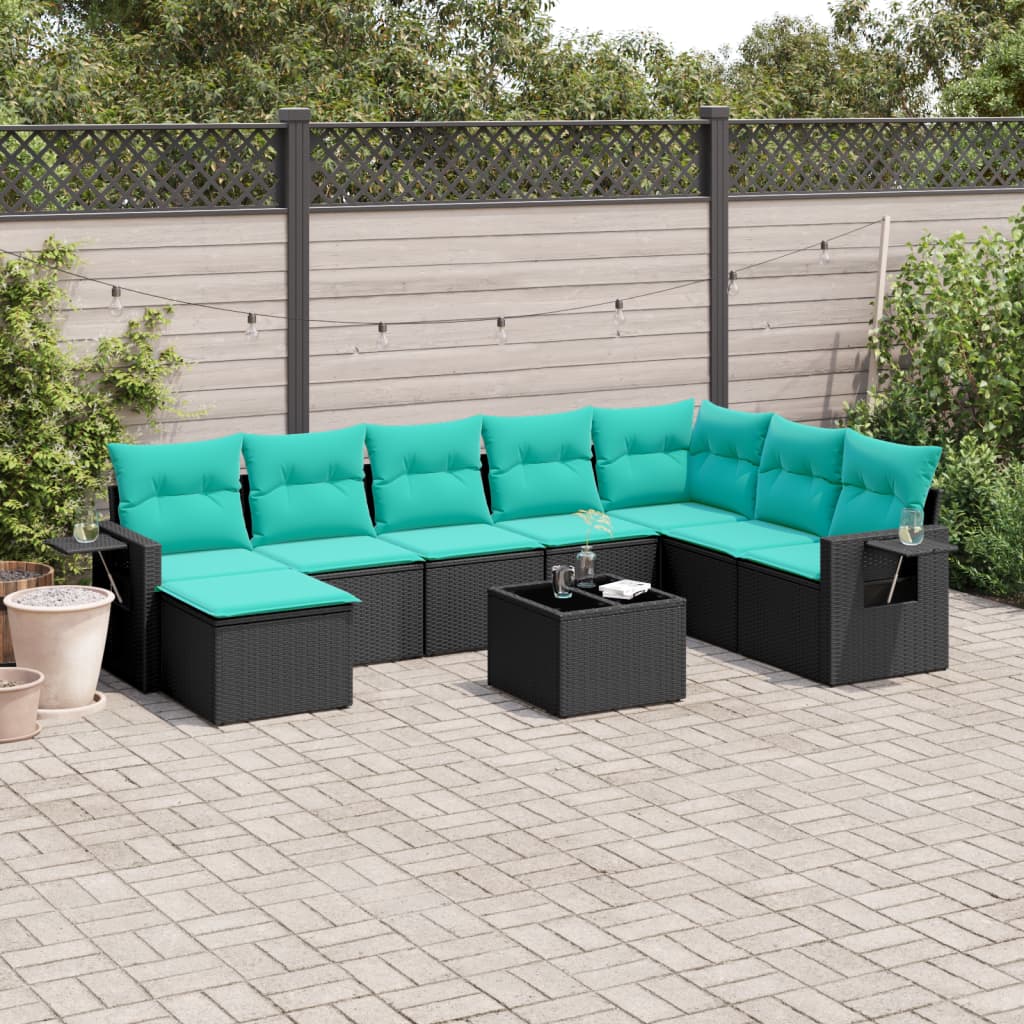 vidaXL 9-teiliges Gartensofa-Set mit Kissen, schwarzes Polyrattan