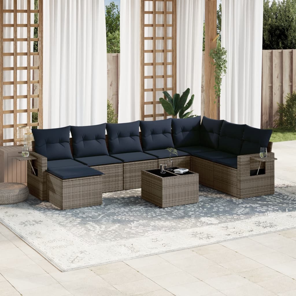 vidaXL 9-teiliges Gartensofa-Set mit Kissen, grau, Polyrattan