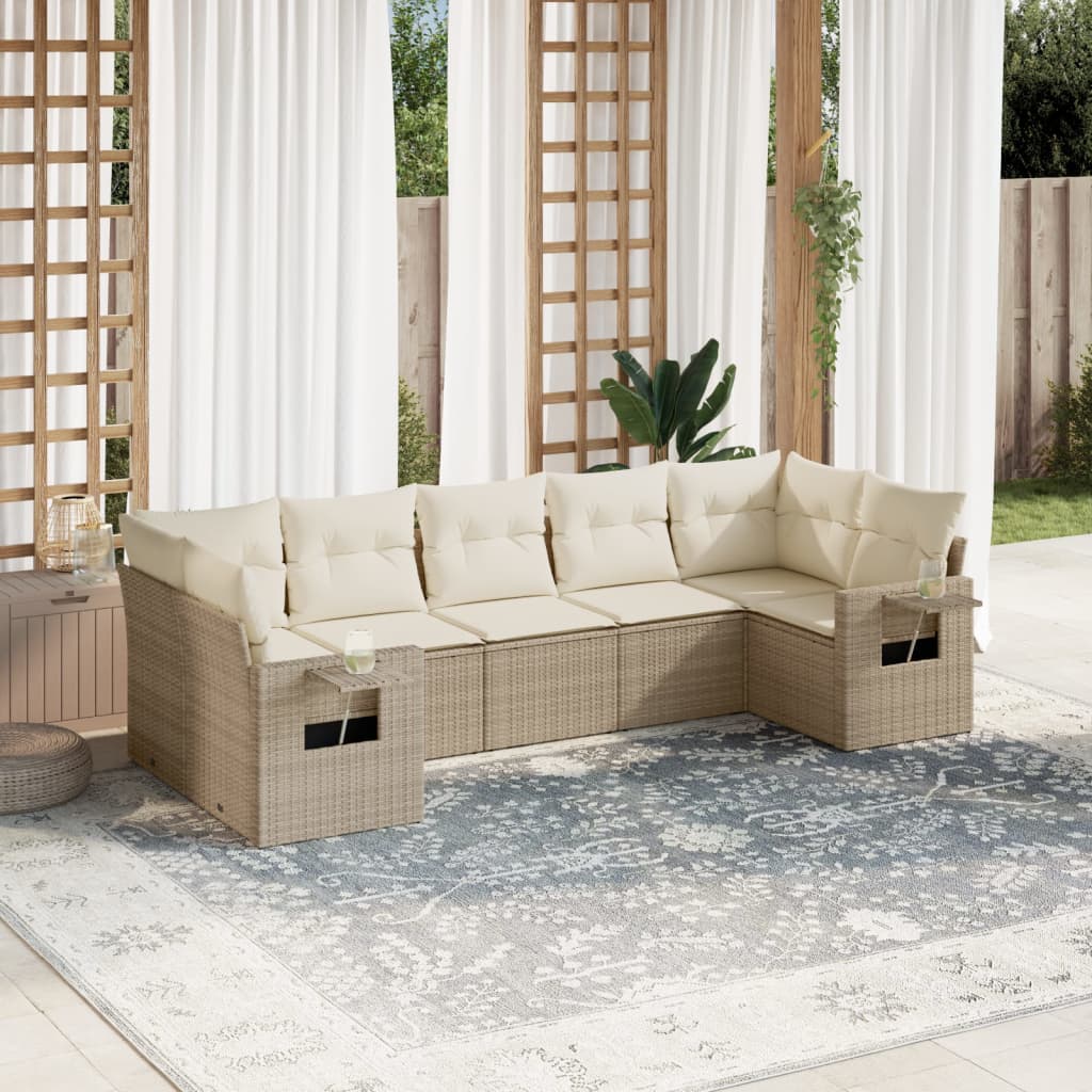 vidaXL 7-tlg. Garten-Sofagarnitur mit Kissen Beige Poly Rattan