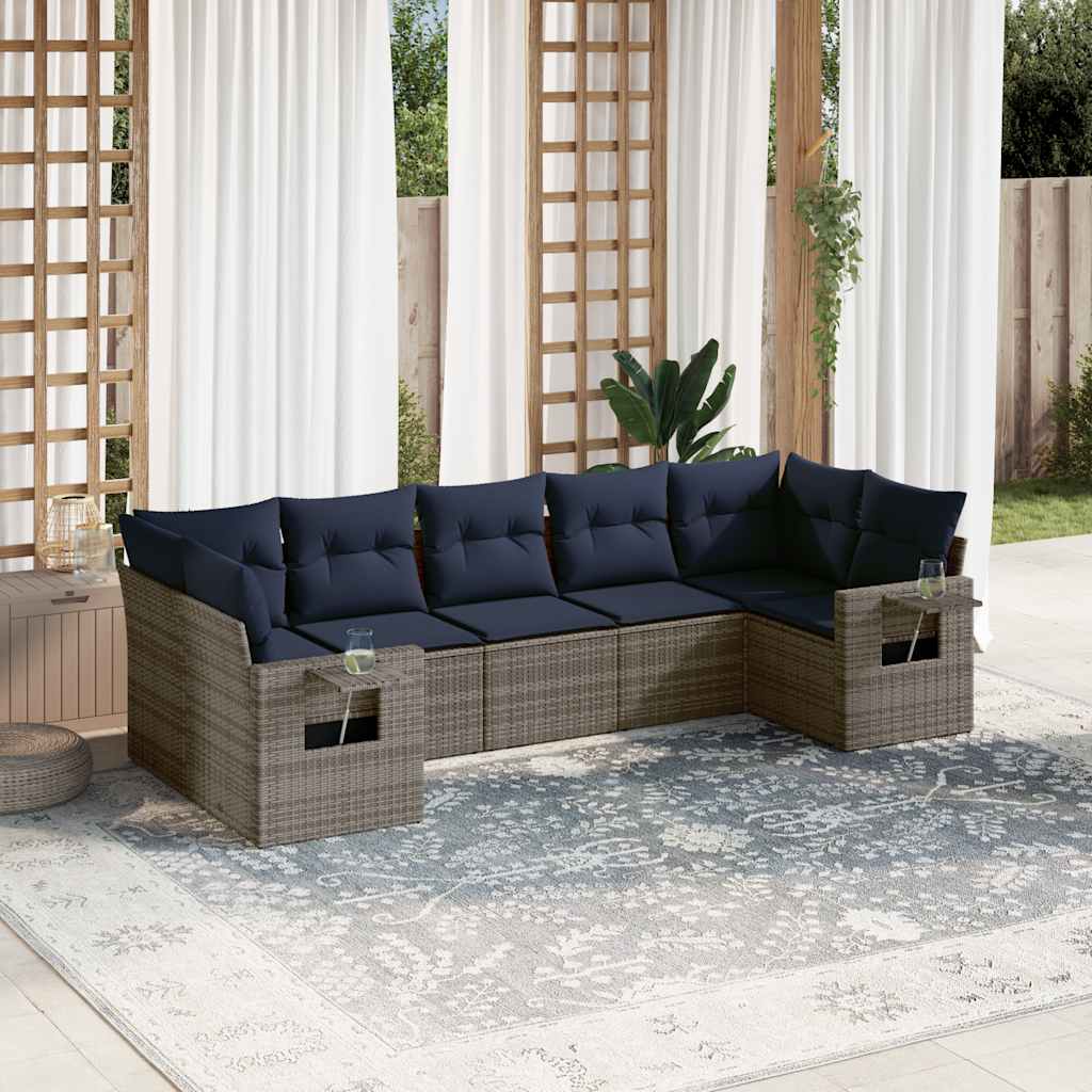Havesofasæt i grå polyrattan med hynder - 7 dele, modulært