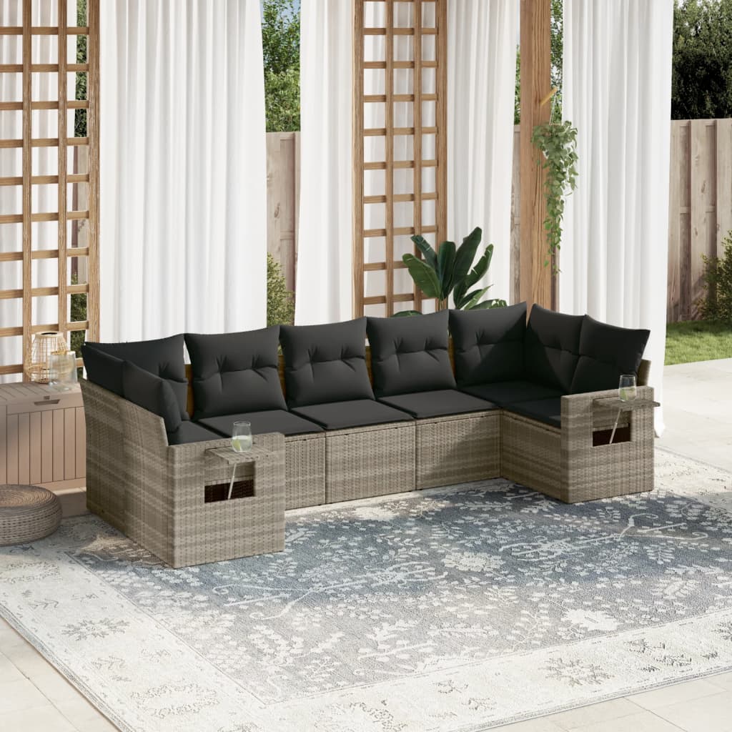 vidaXL 7-tlg. Garten-Sofagarnitur mit Kissen Hellgrau Poly Rattan