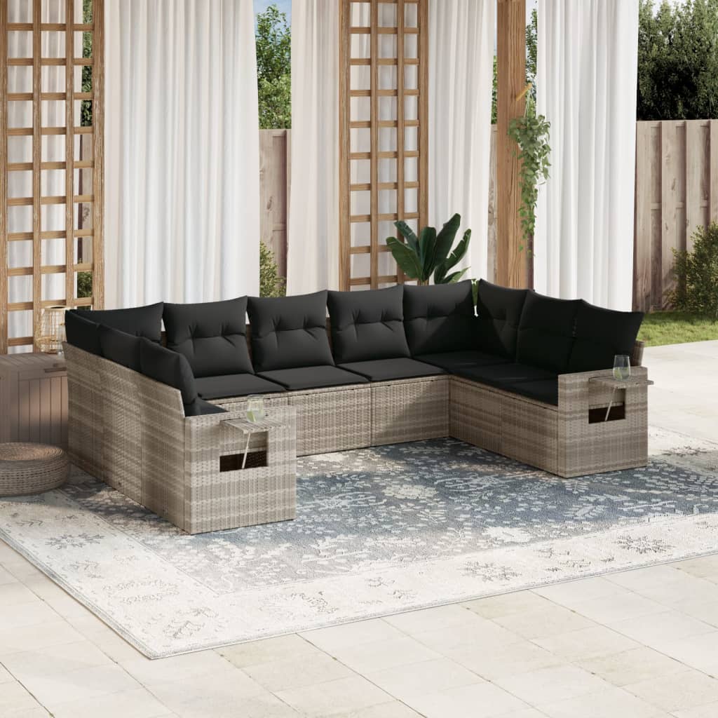 vidaXL 9-tlg. Garten-Sofagarnitur mit Kissen Hellgrau Poly Rattan