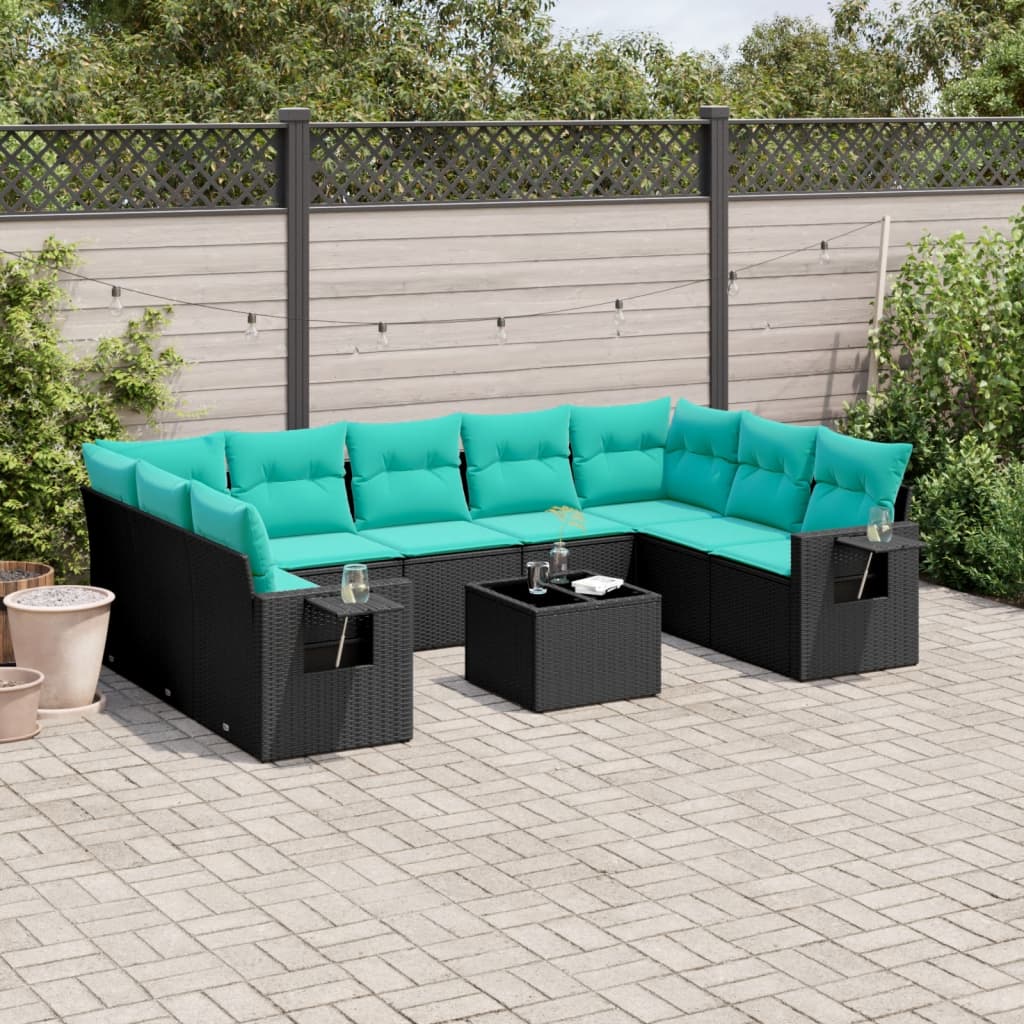 vidaXL 10-teiliges Gartensofa-Set mit Kissen, schwarzes Polyrattan
