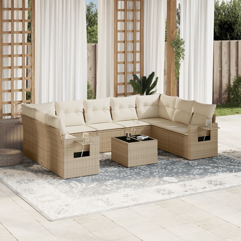 vidaXL 10-tlg. Garten-Sofagarnitur mit Kissen Beige Poly Rattan