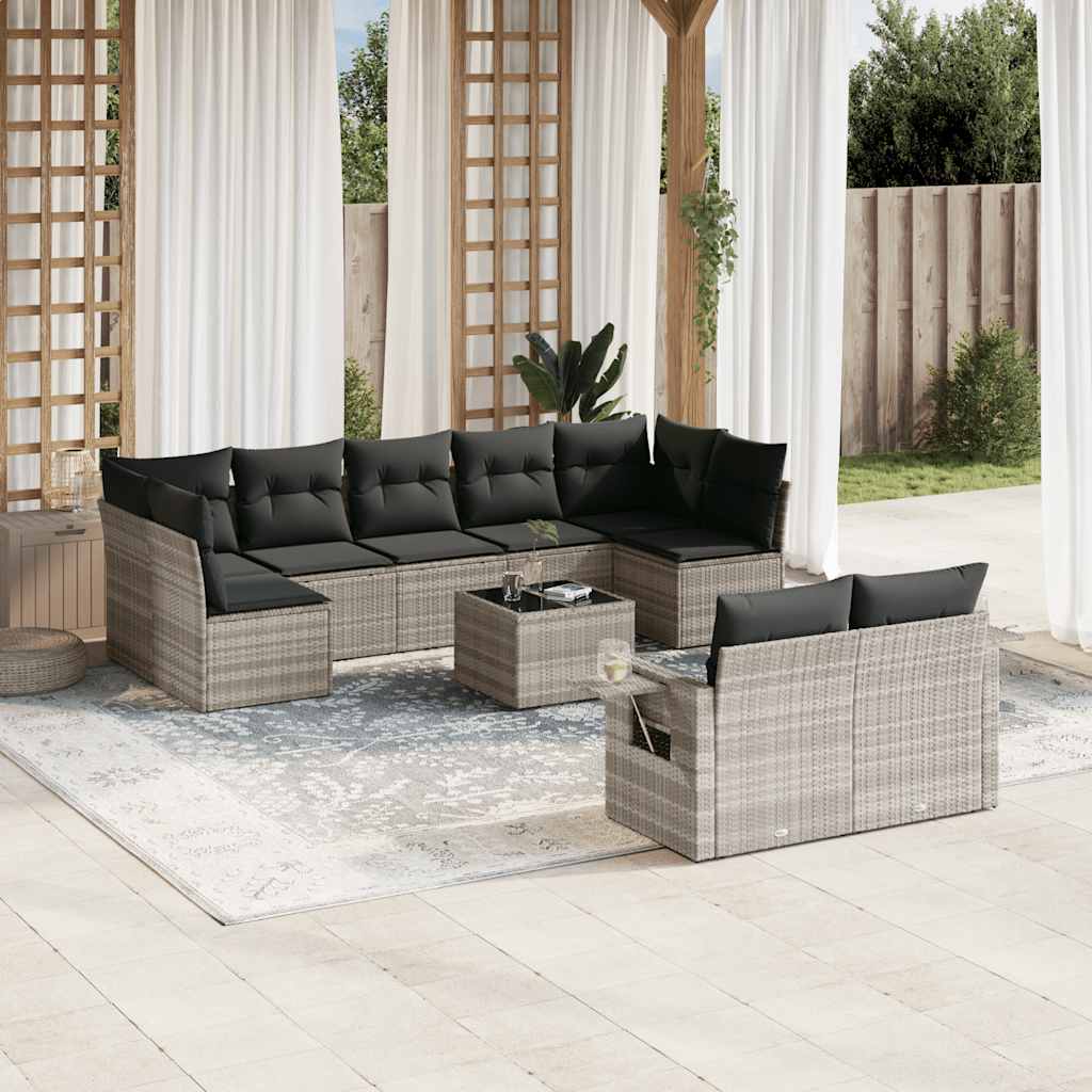 vidaXL 10-tlg. Garten-Sofagarnitur mit Kissen Hellgrau Poly Rattan