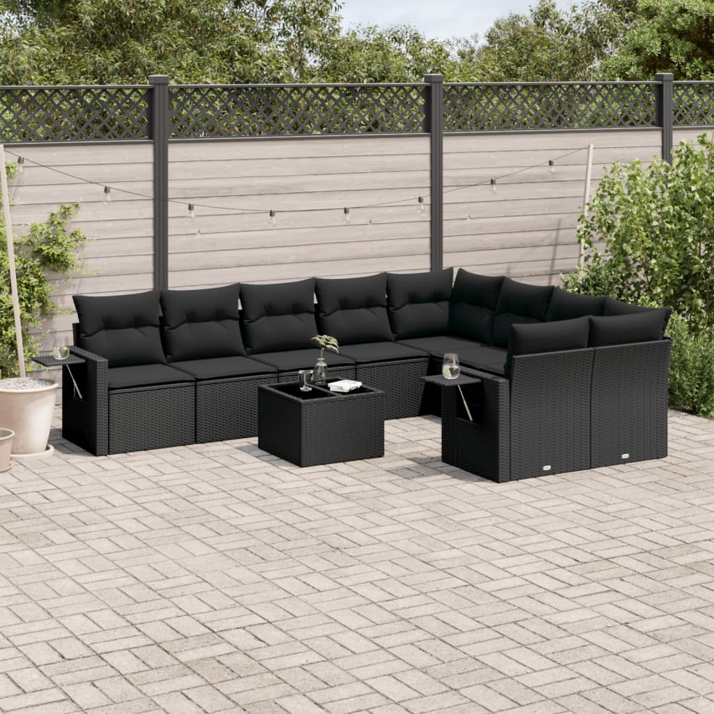 vidaXL 10-tlg. Garten-Sofagarnitur mit Kissen Schwarz Poly Rattan