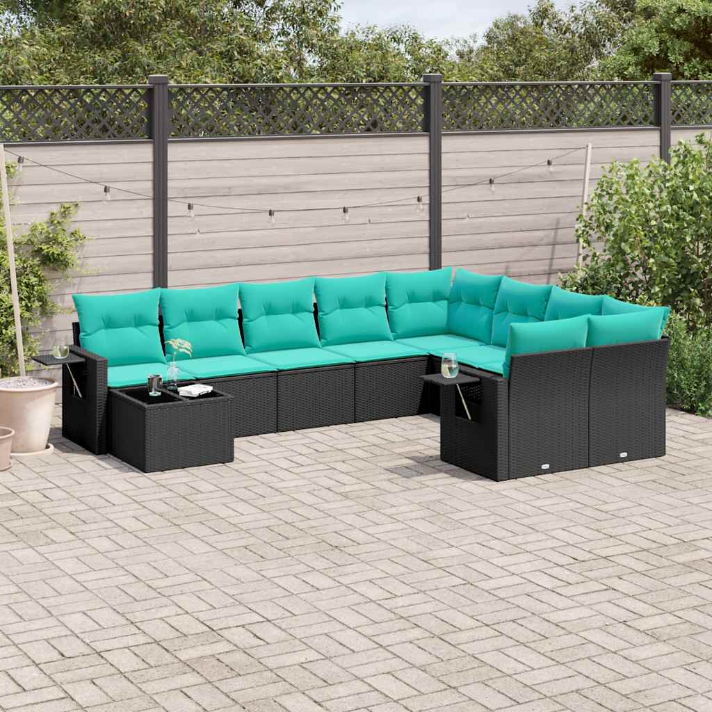 10 Piece Patio Sofa Set with Cushions Black Poly Rattan