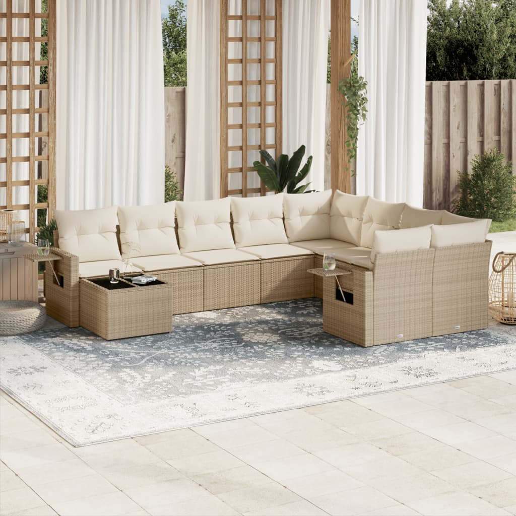 vidaXL 10-tlg. Garten-Sofagarnitur mit Kissen Beige Poly Rattan