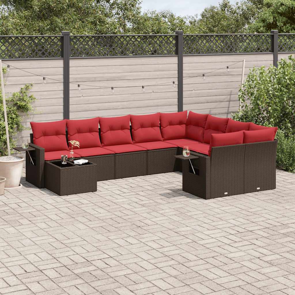 10 Piece Patio Sofa Set with Cushions Brown Poly Rattan