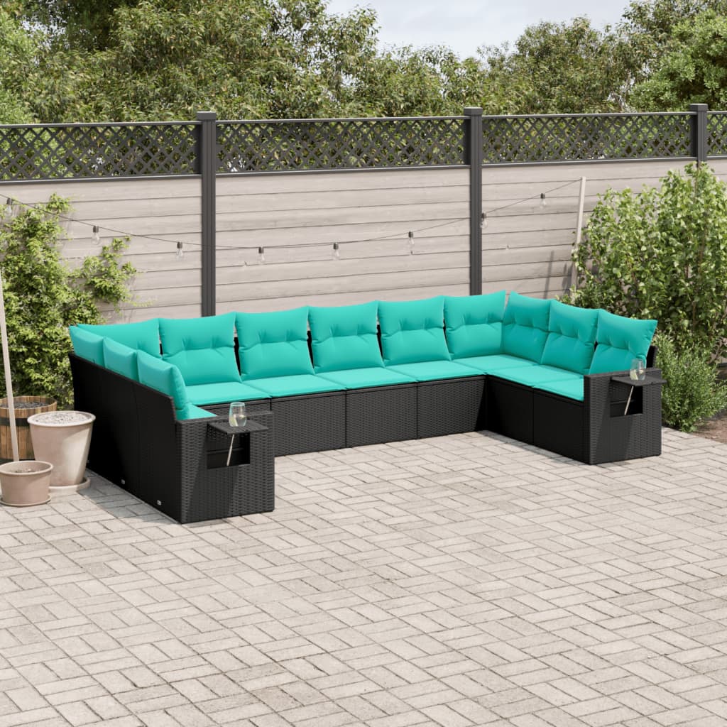 Havesofasæt i sort polyrattan med 10 blå hynder - modulopbygget hjørnesofa med sideborde