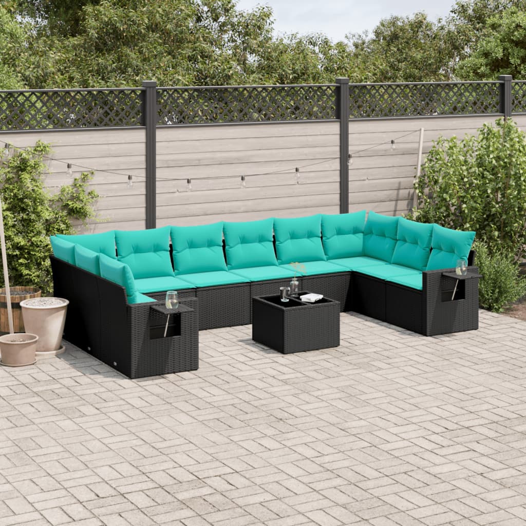 11-teiliges Gartensofa-Set mit Kissen, schwarzes Polyrattan