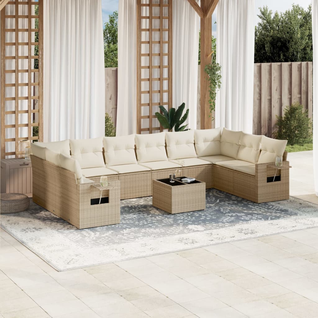 vidaXL 11-tlg. Garten-Sofagarnitur mit Kissen Beige Poly Rattan