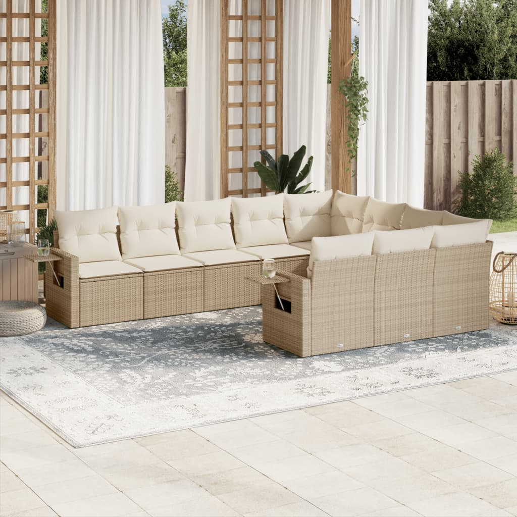 vidaXL 10-tlg. Garten-Sofagarnitur mit Kissen Beige Poly Rattan