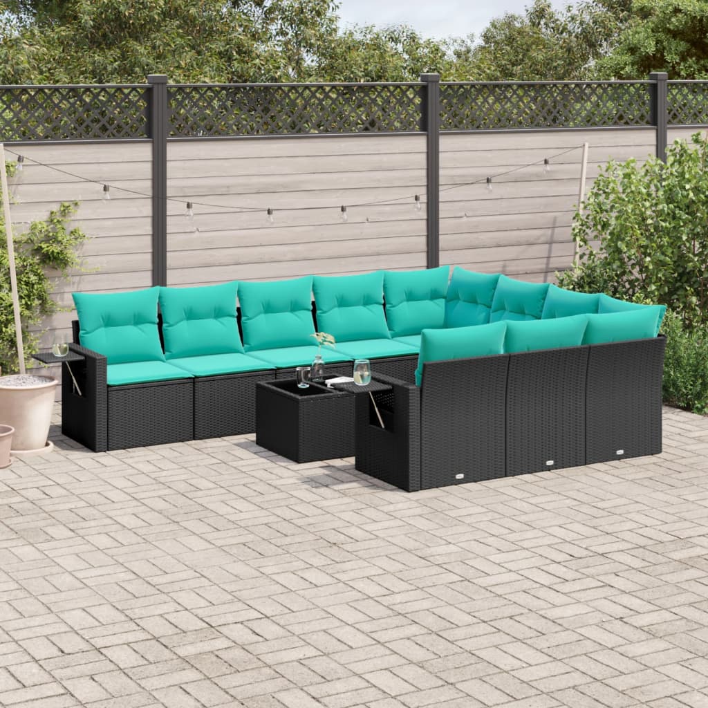 vidaXL 11-teiliges Gartensofa-Set mit Kissen, schwarzes Polyrattan