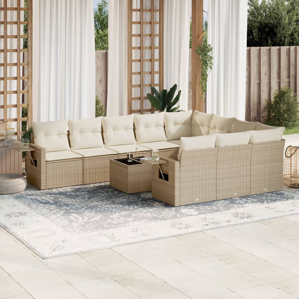 vidaXL 11-tlg. Garten-Sofagarnitur mit Kissen Beige Poly Rattan