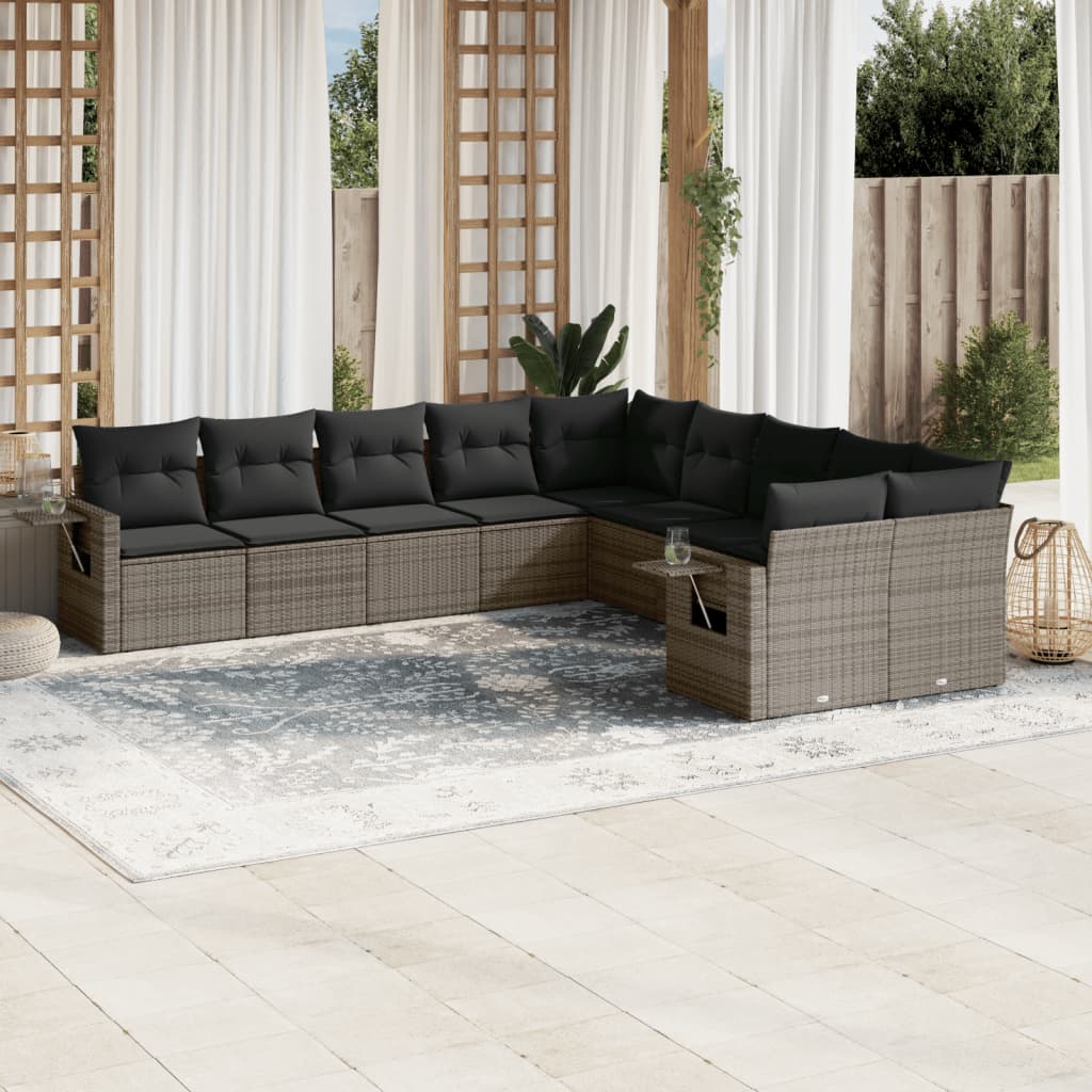 vidaXL 10-tlg. Garten-Sofagarnitur mit Kissen Grau Poly Rattan