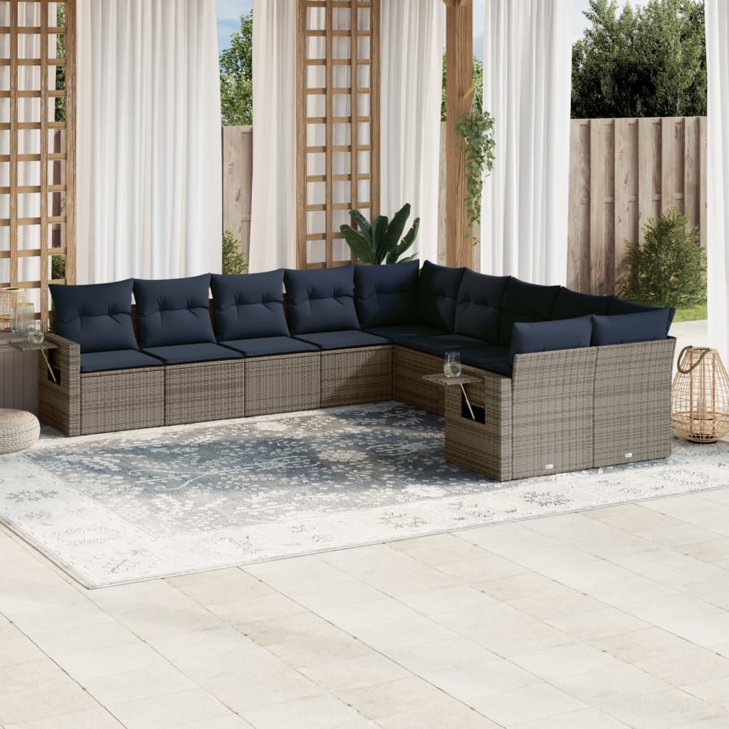 Havesofasæt i grå polyrattan - 10 dele med marineblå hynder