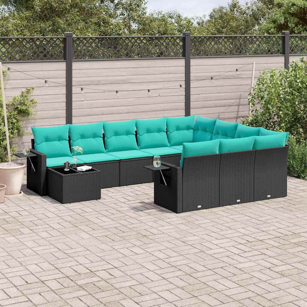 11 Piece Patio Sofa Set with Cushions Black Poly Rattan