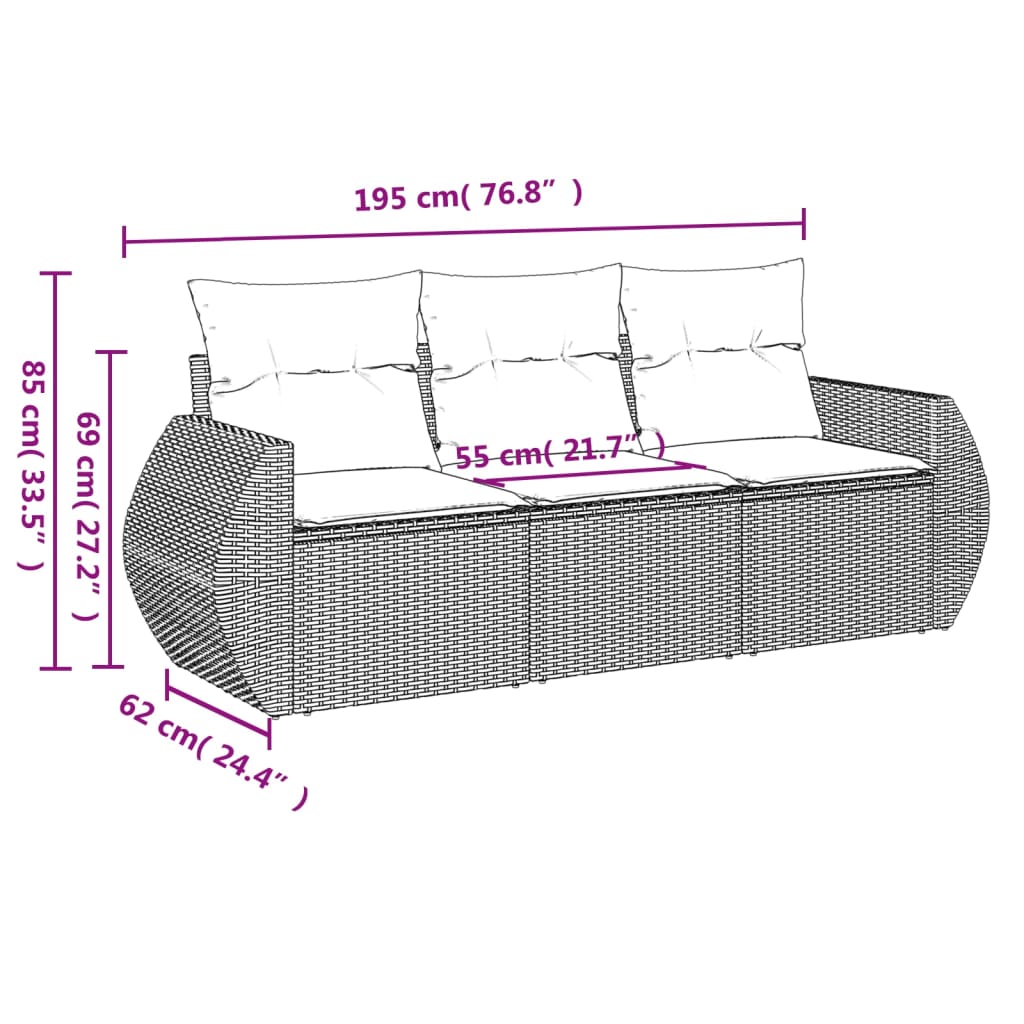 vidaXL 3-delige Loungeset met kussens poly rattan beige afbeelding