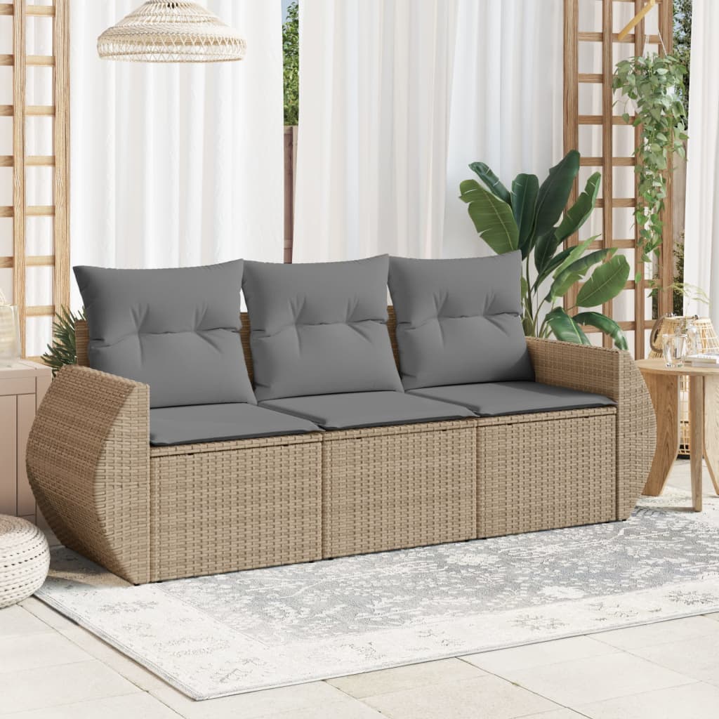 vidaXL 3-tlg. Garten-Sofagarnitur mit Kissen Beige Poly Rattan