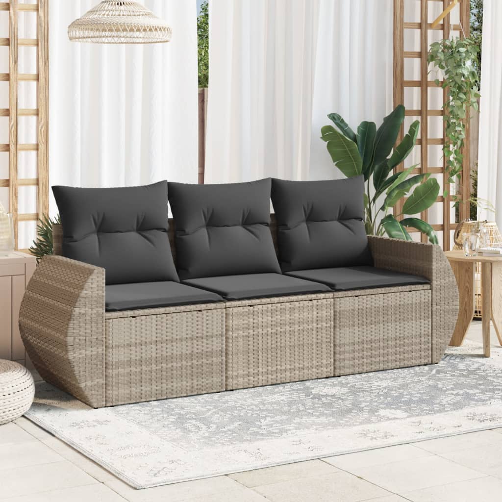 vidaXL 3-tlg. Garten-Sofagarnitur mit Kissen Hellgrau Poly Rattan