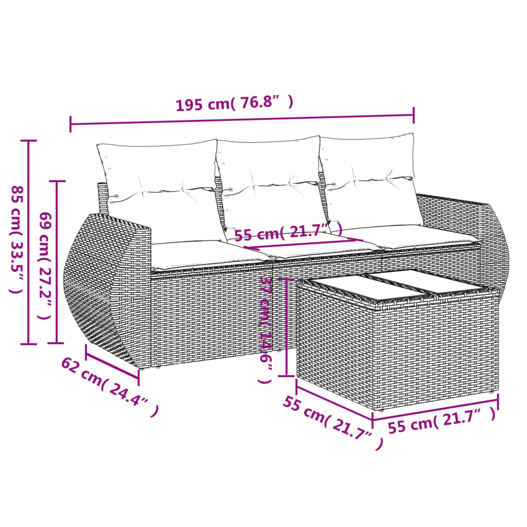 vidaXL 4-delige Loungeset met kussens poly rattan beige afbeelding