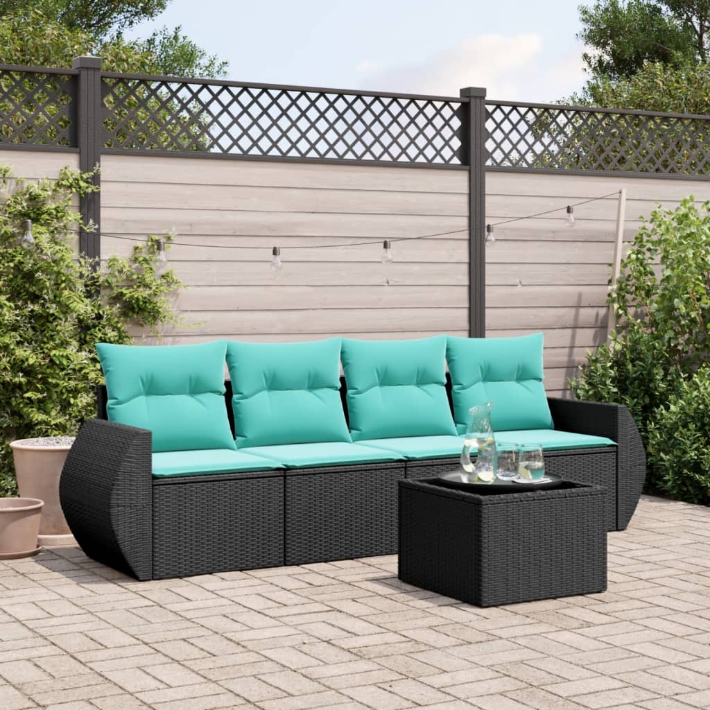 5 Piece Patio Sofa Set with Cushions Black Poly Rattan
