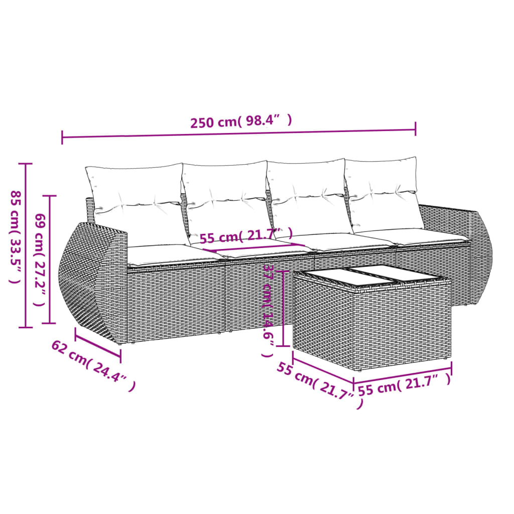 vidaXL 5-delige Loungeset met kussens poly rattan beige afbeelding